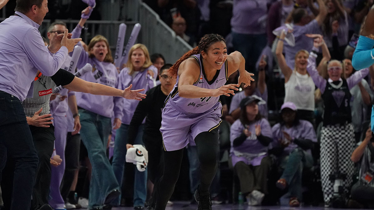 Oct 26, 2026; San Francisco, California, USA; Golden State Valkyries center Kiah Stokes (41) reacts after hitting a three-point shot against the Atlanta Dream in the fourth quarter in game five of the 2026 WNBA Finals at Chase Center. Mandatory Credit: David Gonzales-Imagn Images