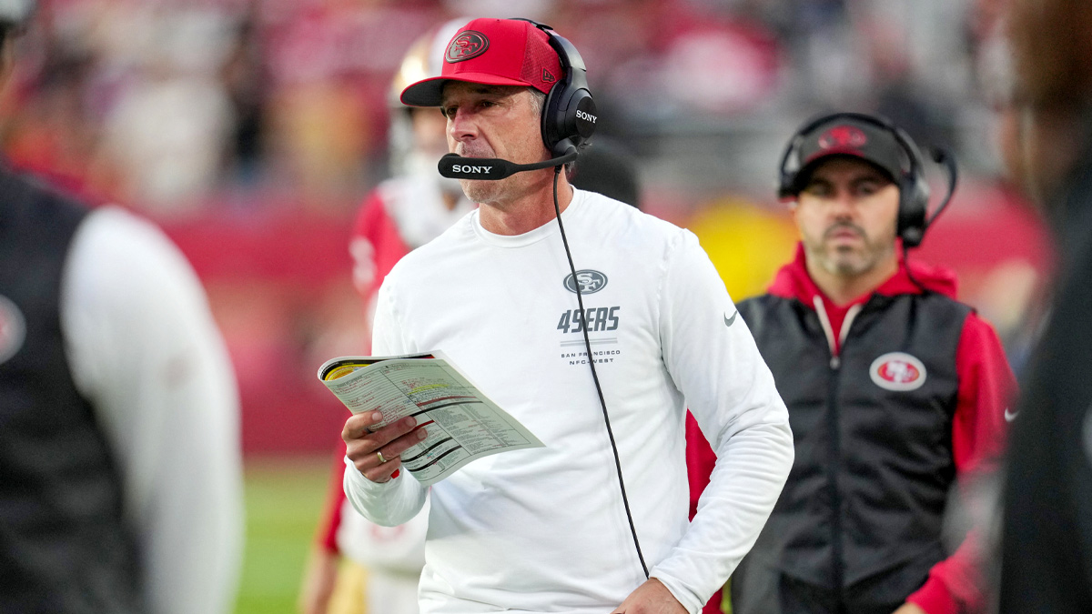 San Francisco 49ers head coach Kyle Shanahan looks on during the second quarter against the Washington Commanders at Levi's Stadium.