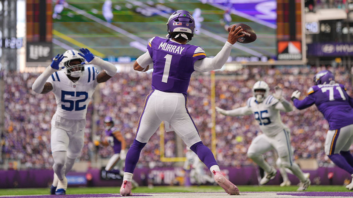 Oct 25, 2026; Minneapolis, Minnesota, USA; Minnesota Vikings quarterback Kyler Murray (1) drops back to pass against the Indianapolis Colts in the first half at U.S. Bank Stadium.