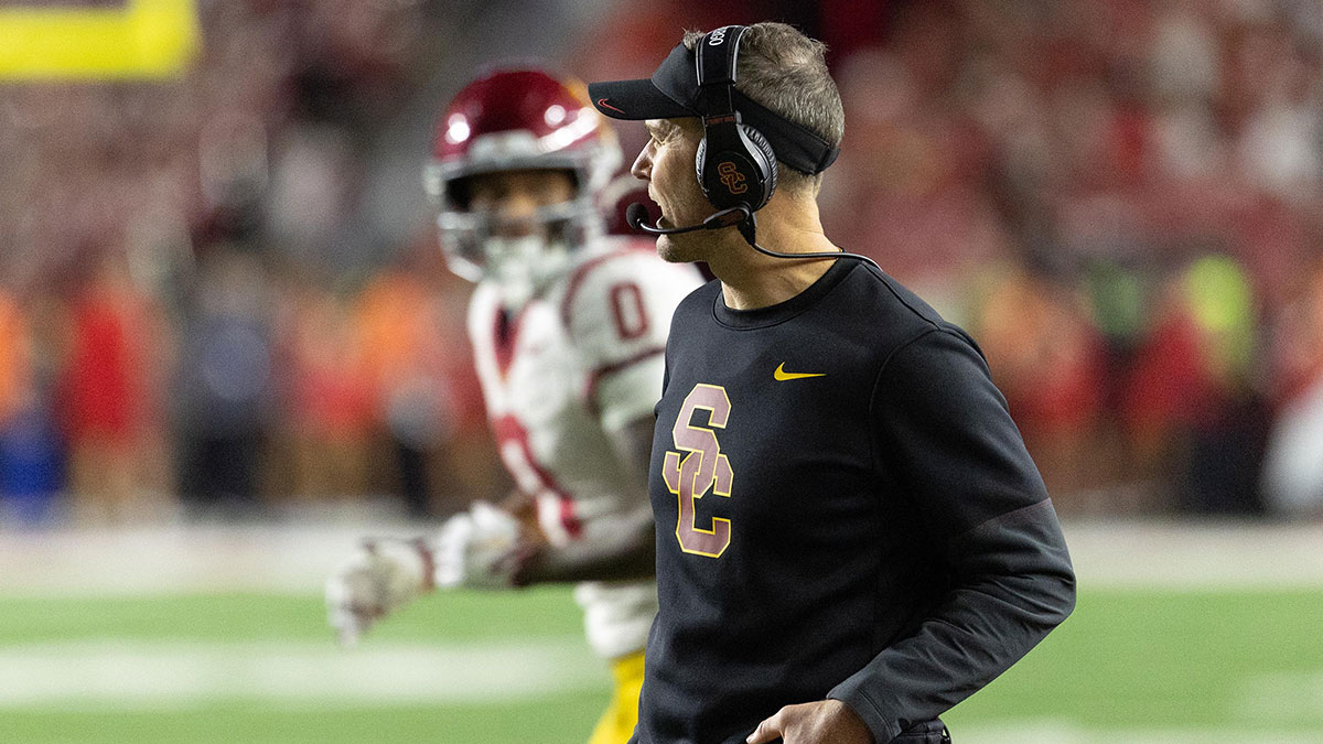 USC Trojans head coach Lincoln Riley watches from the sidelines during the second half against the Wisconsin Badgers at Camp Randall Stadium.