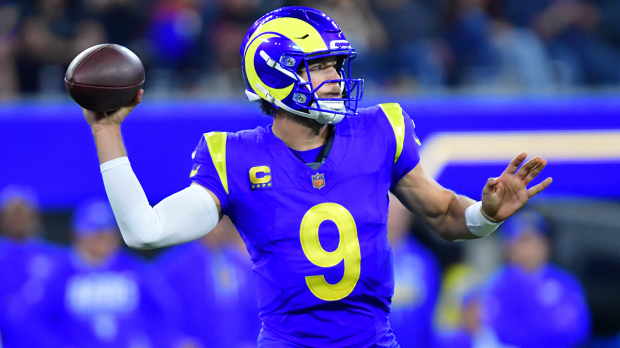 Los Angeles Rams quarterback Matthew Stafford (9) throws a pass during the fourth quarter against the Buffalo Bills at SoFi Stadium.