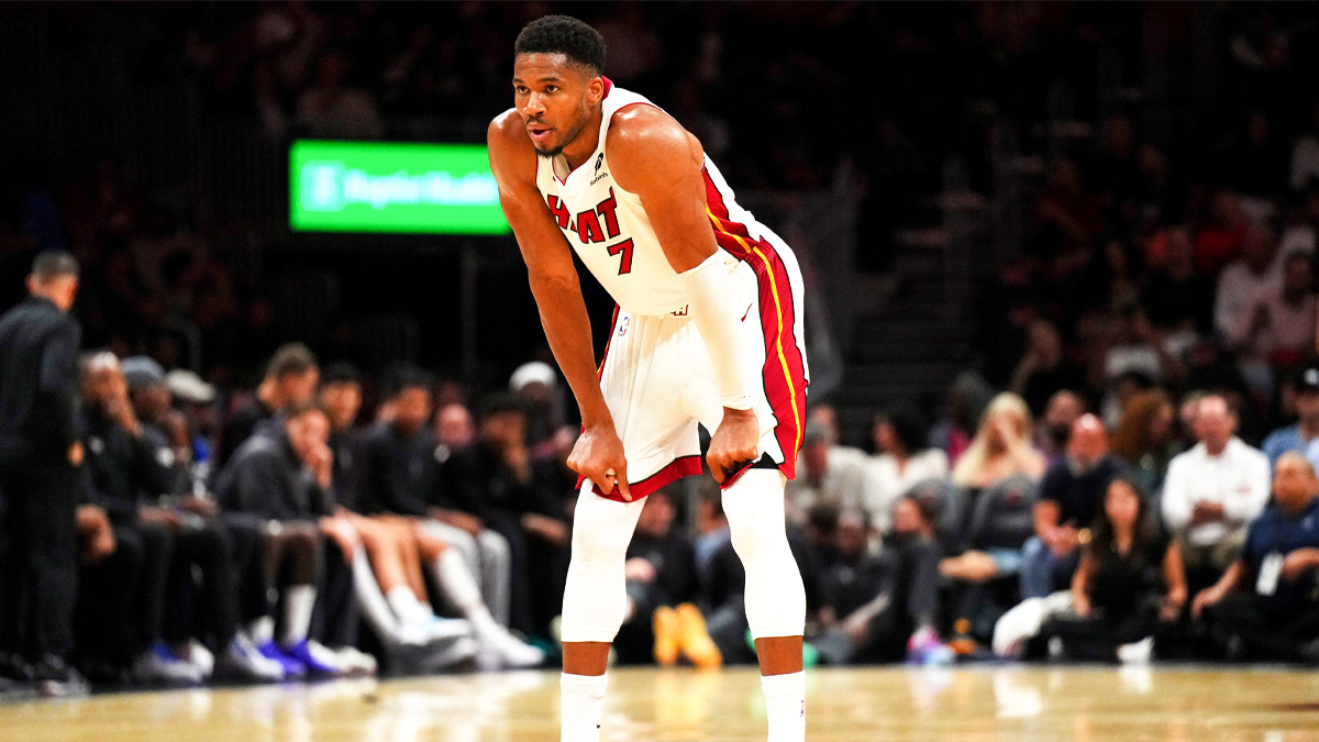 Miami Heat forward Giannis Antetokounmpo (7) takes a moment during a break in the game against the Brooklyn Nets in the second half at Kaseya Center.