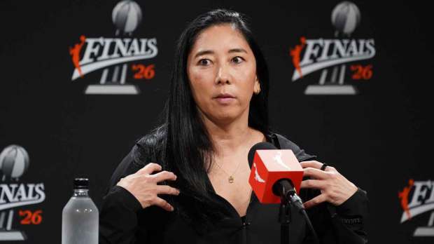Golden State Valkyries head coach Natalie Nakase addresses the media before facing the Atlanta Dream in game five of the 2026 WNBA Finals at Chase Center.