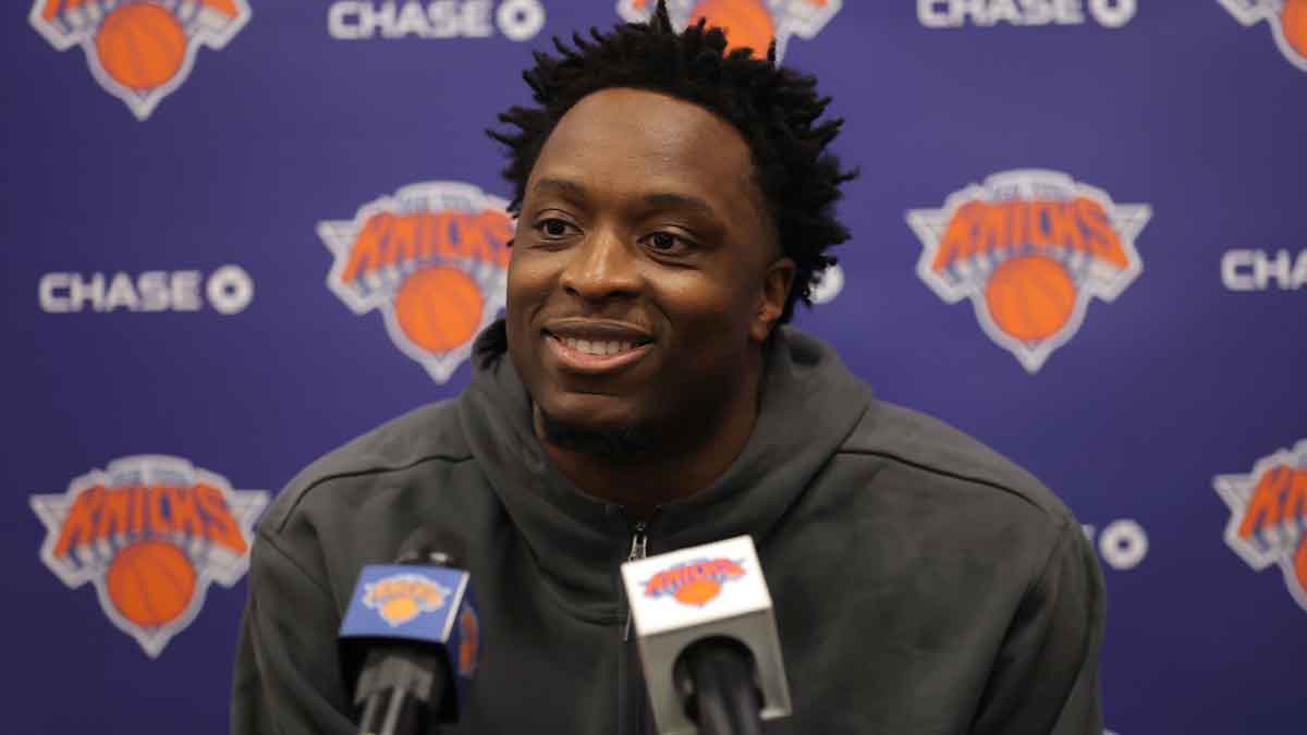New York Knicks forward OG Anunoby (8) speaks during media day at the MSG training facility. Mandatory Credit: Brad Penner-Imagn Images