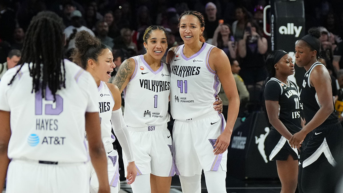 Golden State Valkyries forward Gabby Williams (1) and center Kiah Stokes (41) celebrate after defeating the Las Vegas Aces during game three of the second round for the 2026 WNBA Playoffs at Michelob Ultra Arena.