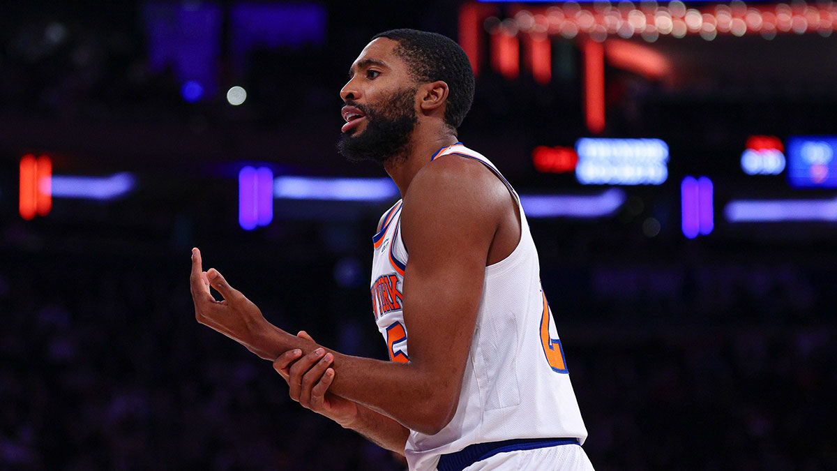 New York Knicks shooting guard Mikal Bridges (25) reacts during the first half against the Toronto Raptors at Madison Square Garden. Mandatory Credit: Vincent Carchietta-Imagn Images