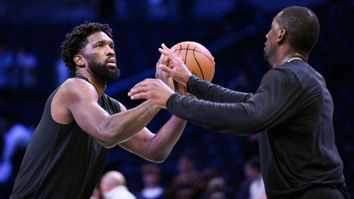 Philadelphia 76ers center Joel Embiid (21) warms up before a game against the Brooklyn Nets at Barclays Center. Mandatory Credit: John Jones-Imagn Images