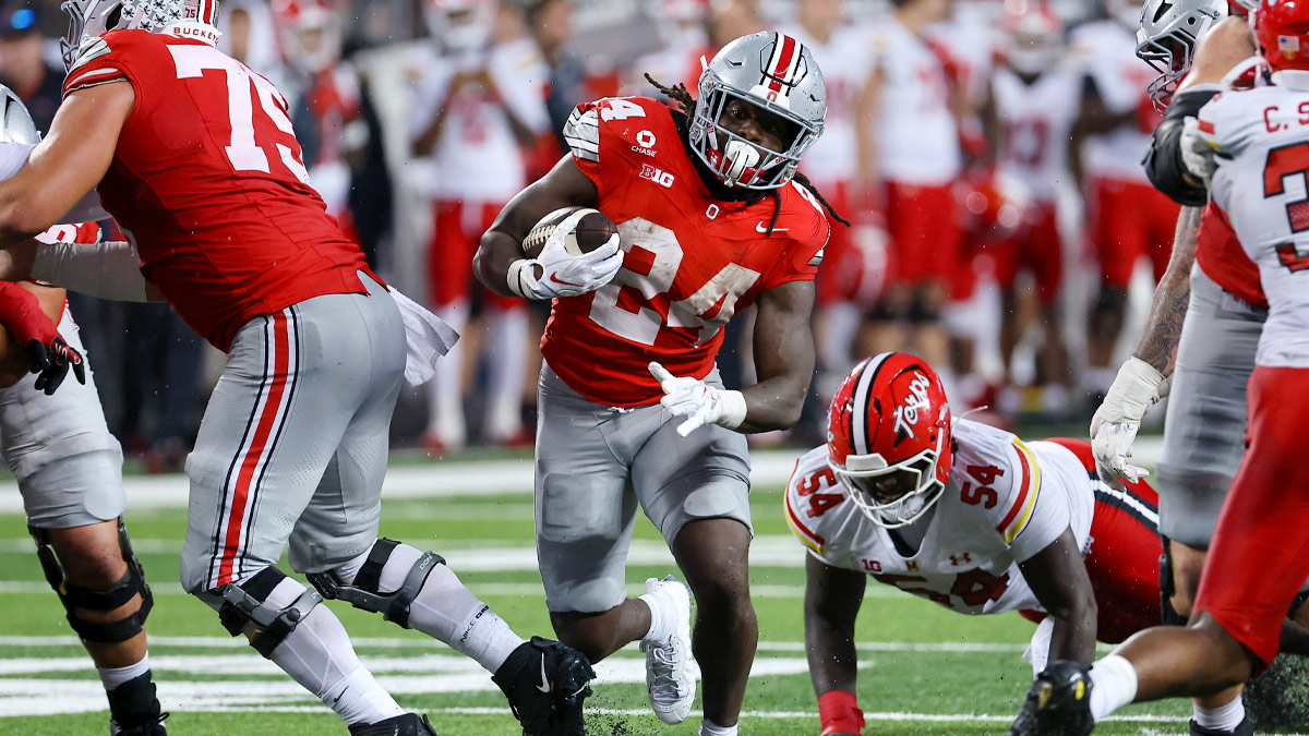 Ohio State Buckeyes running back Ja'kobi Jackson (24) runs the ball during the fourth quarter against the Maryland Terrapins at Ohio Stadium.