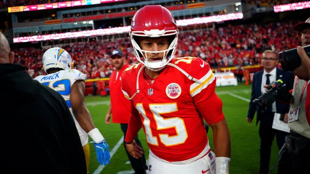 Kansas City Chiefs quarterback Patrick Mahomes (15) looks on after the game against the Los Angeles Chargers at GEHA Field at Arrowhead Stadium.