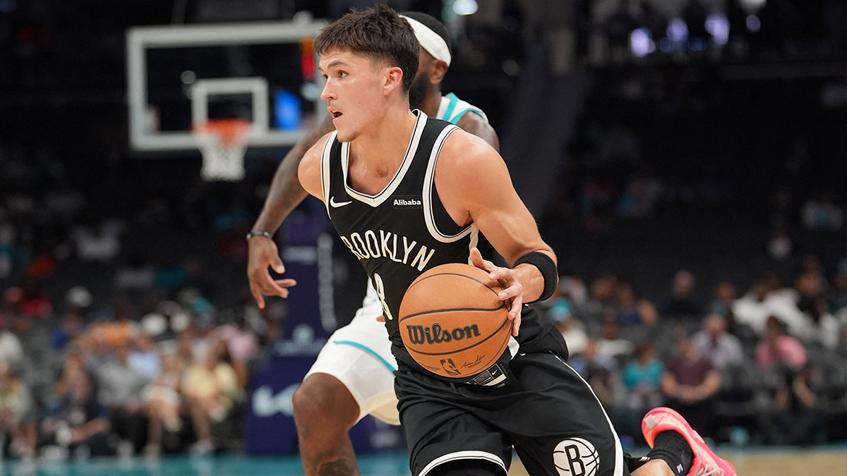 Brooklyn Nets guard Egor Demin (8) drives to the basket against the Charlotte Hornets during the second quarter at Spectrum Center.