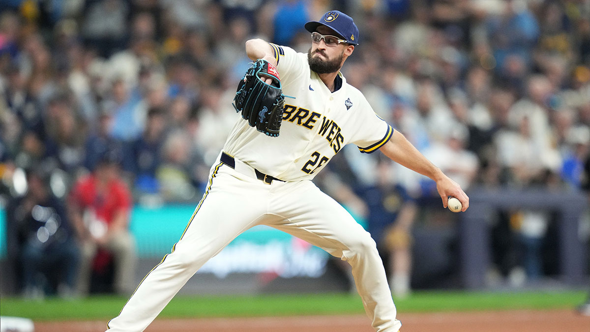 Milwaukee Brewers pitcher Aaron Ashby (26) throws a pitch against the Tampa Bay Rays during the seventh inning in game one of the 2026 World Series at American Family Field.