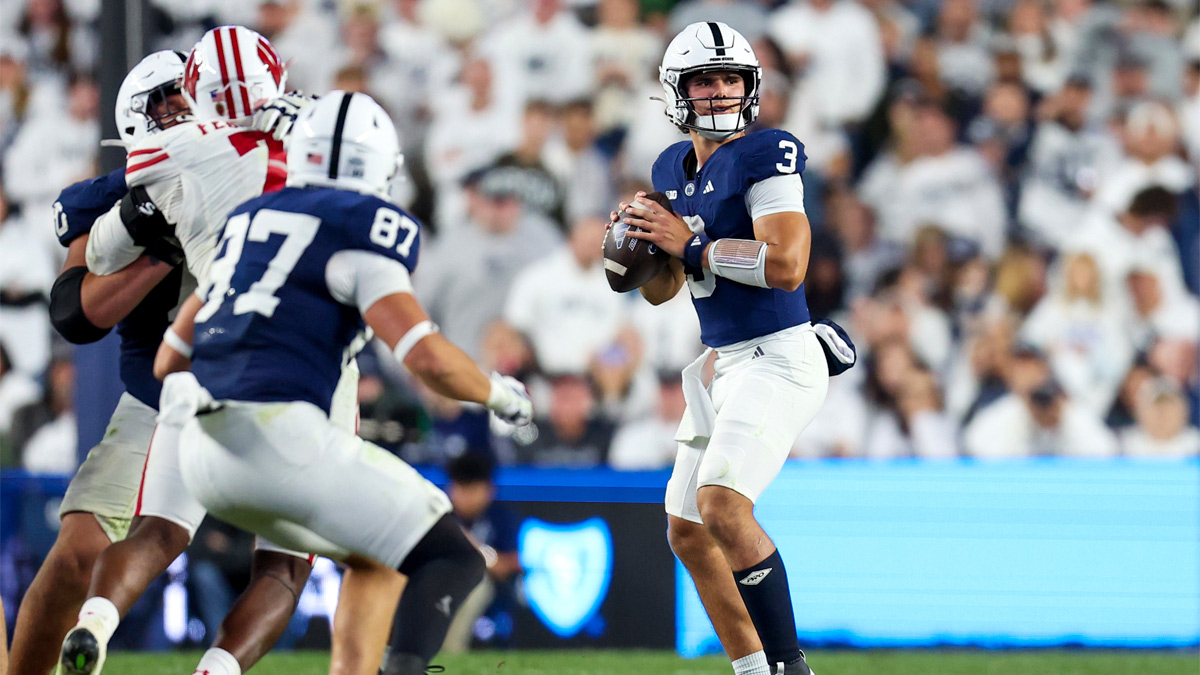 Penn State Nittany Lions quarterback Rocco Becht (3) looks to throw a pass during the fourth quarter against the Wisconsin Badgers at West Shore Home Field at Beaver Stadium.