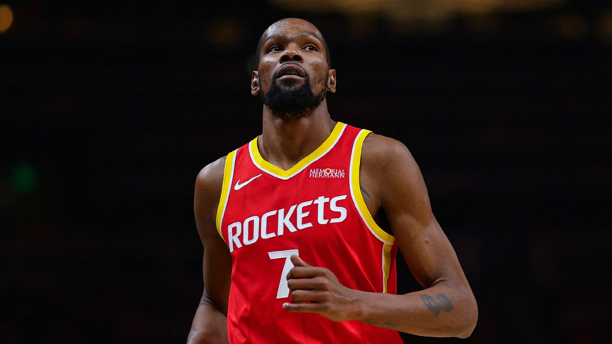 Houston Rockets forward Kevin Durant (7) reacts in the third quarter against the Atlanta Hawks at State Farm Arena.