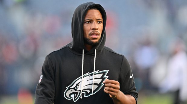 Philadelphia Eagles running back Saquon Barkley (26) looks on before the game against the Chicago Bears at Soldier Field