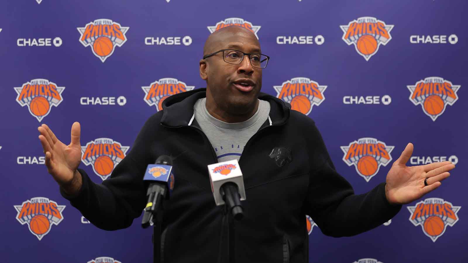 New York Knicks head coach Mike Brown speaks during media day at the MSG training facility. Mandatory Credit: Brad Penner-Imagn Images