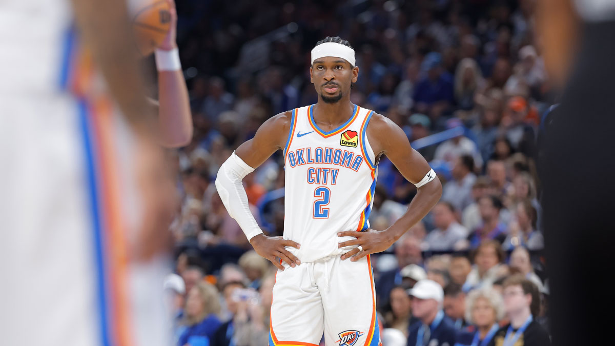 Oklahoma City Thunder guard Shai Gilgeous-Alexander (2) stands during a time out against the Los Angeles Clippers during the second half at Paycom Center.