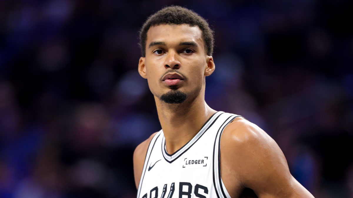San Antonio Spurs center Victor Wembanyama (1) reacts during the third quarter against the Dallas Mavericks at American Airlines Center.