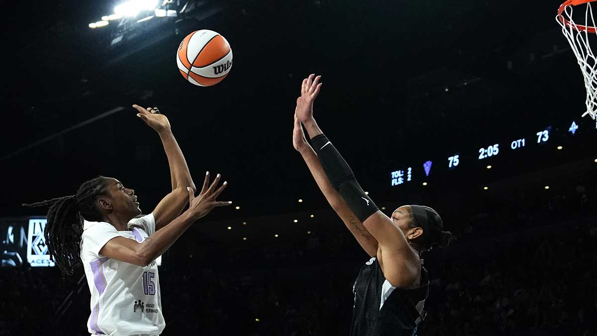 Golden State Valkyries guard Tiffany Hayes (15) shoots against Las Vegas Aces center A'ja Wilson (22) in overtime during game three of the second round for the 2026 WNBA Playoffs at Michelob Ultra Arena.