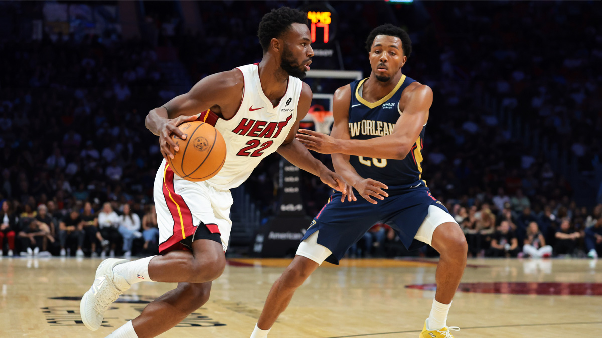 Miami Heat forward Andrew Wiggins (22) drives to the basket against New Orleans Pelicans forward Trey Murphy III (25) during the second quarter at Kaseya Center.