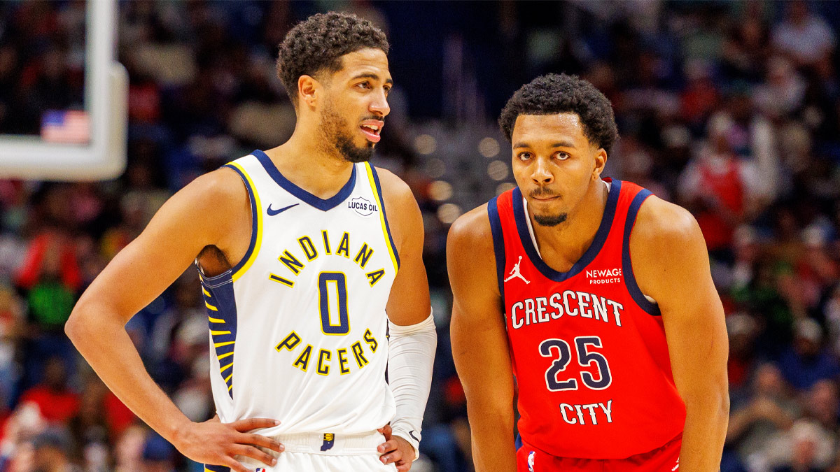 New Orleans Pelicans forward Trey Murphy III (25) and Indiana Pacers guard Tyrese Haliburton (0) during the second half at Smoothie King Center.