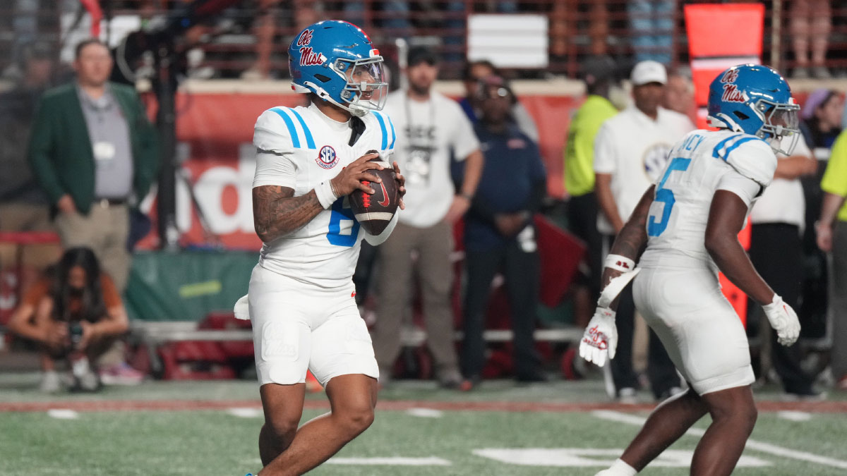 Mississippi Rebels quarterback Trinidad Chambliss (6) drops back to pass during the first half against the Texas Longhorns at Darrell K Royal-Texas Memorial Stadium.
