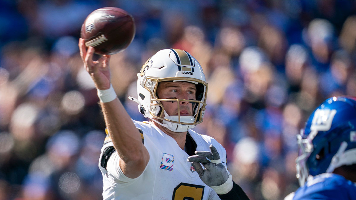 New Orleans Saints quarterback Tyler Shough (6) throws a pass during a week 6 NFL football game between New York Giants and New Orleans Saints on Sunday, Oct. 18, 2026, at MetLife Stadium in East Rutherford, NJ.