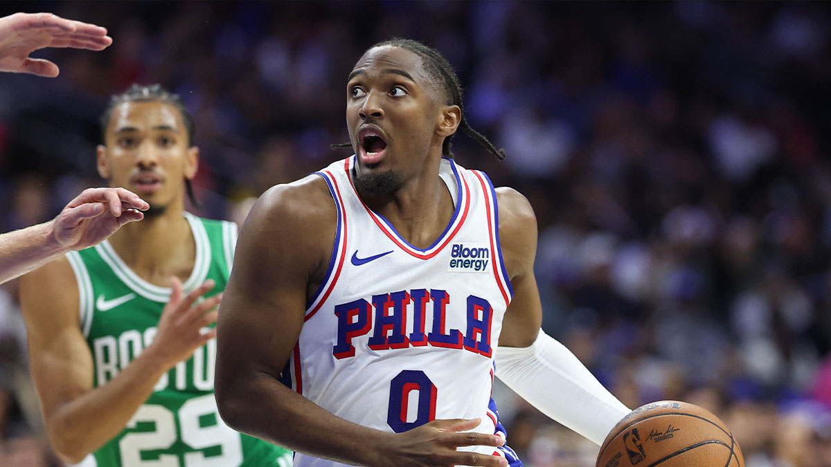 Philadelphia 76ers guard Tyrese Maxey (0) drives against the Boston Celtics during the second quarter at Xfinity Mobile Arena.