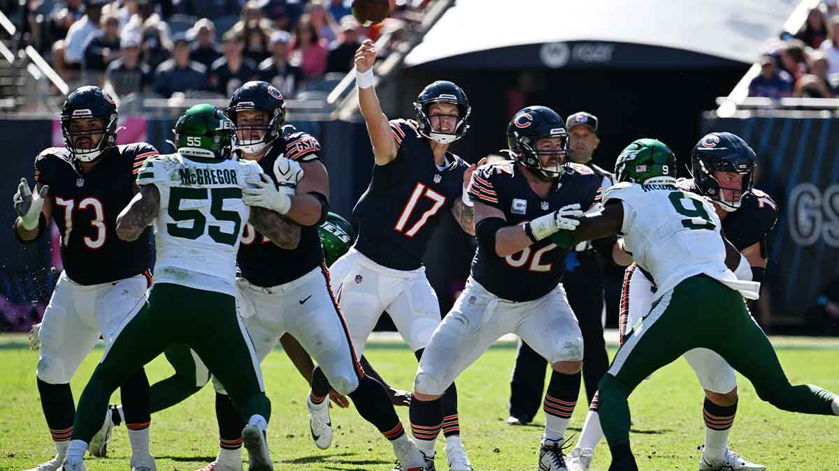 Oct 4, 2026; Chicago, Illinois, USA; Chicago Bears quarterback Tyson Bagent (17) passes the ball against the New York Jets during the second quarter at Soldier Field.