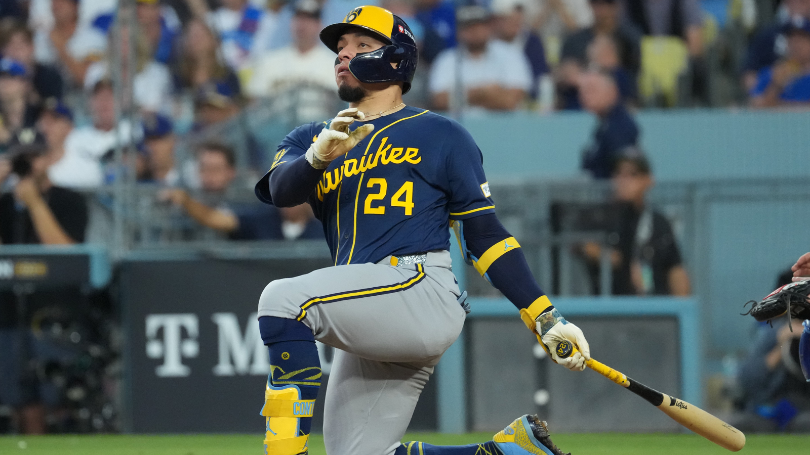 Milwaukee Brewers catcher William Contreras (24) doubles during the fourth inning against the Los Angeles Dodgers in game four of the NLCS for the 2026 MLB Playoffs at Uniqlo Field at Dodger Stadium.