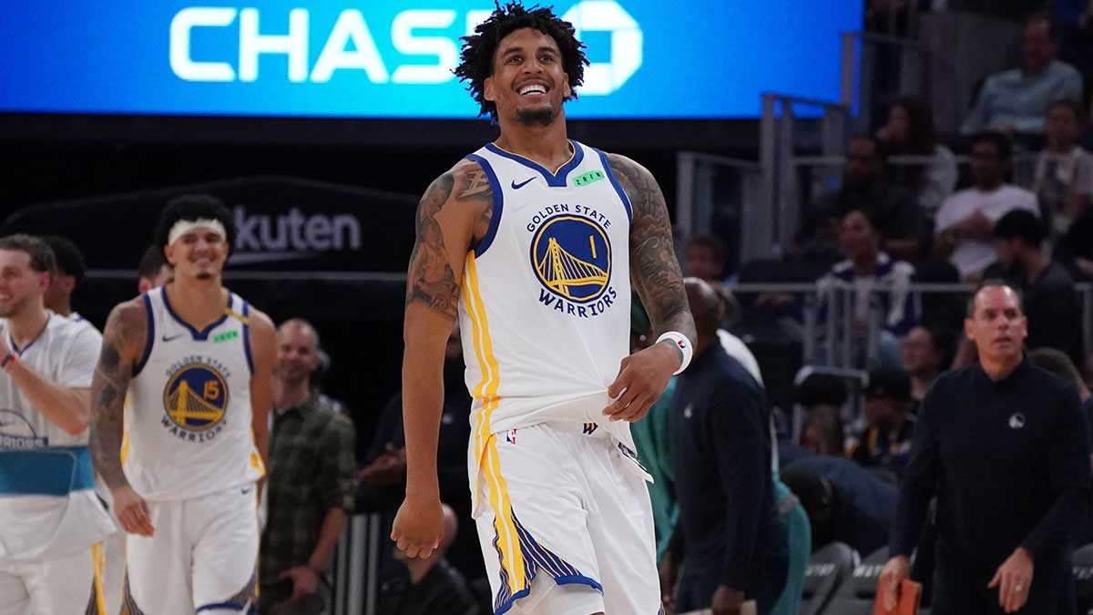 Golden State Warriors forward Yaxel Lendeborg (1) smiles after just missing a shot against the Portland Trail Blazers in the second quarter at Chase Center.