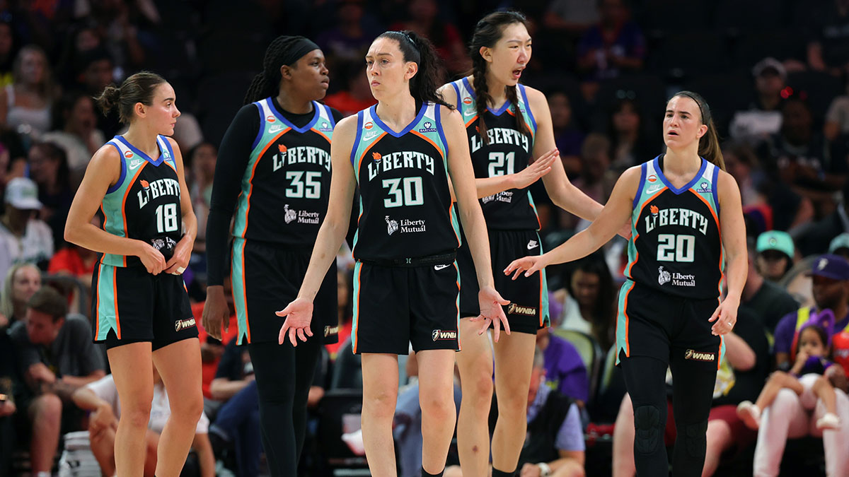Aug 1, 2026; Phoenix, Arizona, USA; New York Liberty guard Pauline Astier (18), center Jonquel Jones (35), forward Breanna Stewart (30), center Han Xu (21) and guard Sabrina Ionescu (20) against the Phoenix Mercury at Mortgage Matchup Center. Mandatory Credit: Mark J. Rebilas-Imagn Images